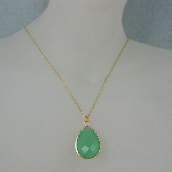 Wholesale Bezel Gemstone Tear Pendant Necklace - Gold Plated Chain - Prenite Chalcedony (16 - 24 inch)