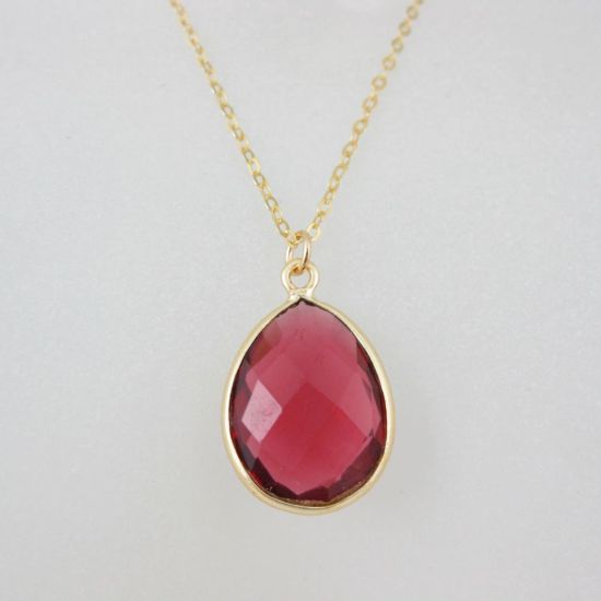 Wholesale Bezel Gemstone Tear Pendant Necklace - Gold Plated Chain - Rubylite Quartz (16 - 24 inch)