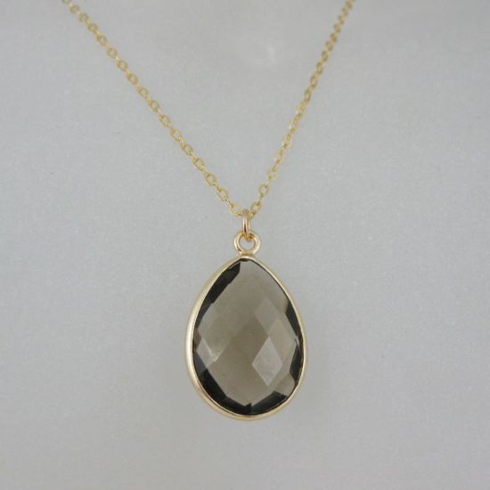 Wholesale Bezel Gemstone Tear Pendant Necklace - Gold Plated Chain - Smoky Quartz  (16 - 24 inch)