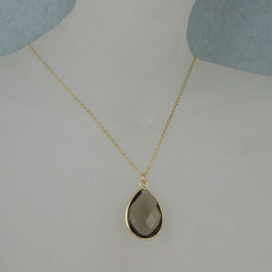 Wholesale Bezel Gemstone Tear Pendant Necklace - Gold Plated Chain - Smoky Quartz  (16 - 24 inch)