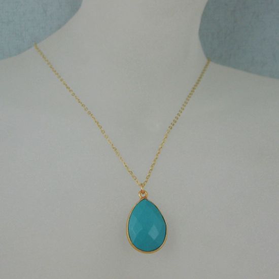 Wholesale Bezel Gemstone Tear Pendant Necklace - Gold Plated Chain - Turquoise (16 - 24 inch)