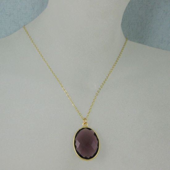 Wholesale Bezel Gemstone Oval Pendant Necklace - Gold Plated Chain - Amethyst (16-24")