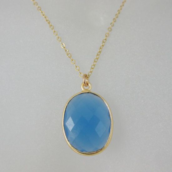 Wholesale Bezel Gemstone Oval Pendant Necklace - Gold Plated Chain - Blue Chalcedony (16-24")