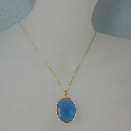 Wholesale Bezel Gemstone Oval Pendant Necklace - Gold Plated Chain - Blue Chalcedony (16-24")