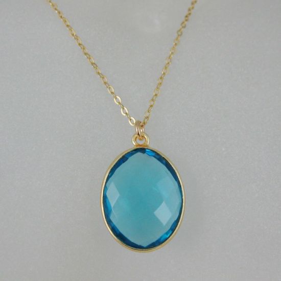 Wholesale Bezel Gemstone Oval Pendant Necklace - Gold Plated Chain - Blue Quartz (16-24")