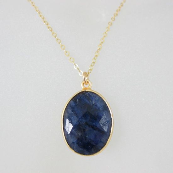Wholesale Bezel Gemstone Oval Pendant Necklace - Gold Plated Chain - Blue Sapphire Dyed (16-24")