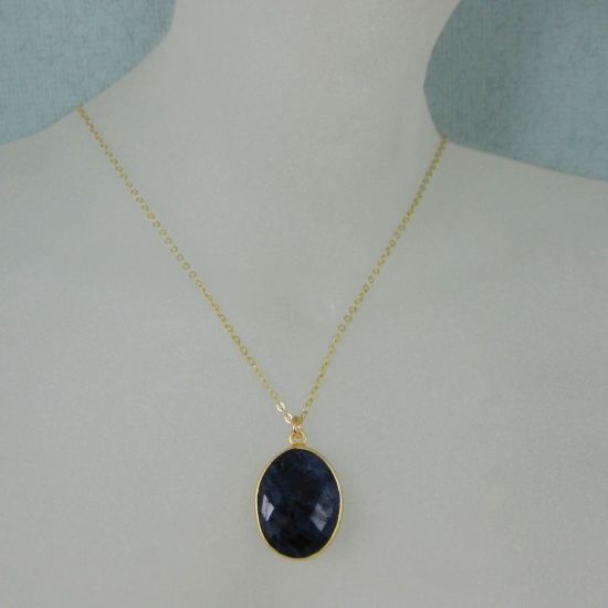 Wholesale Bezel Gemstone Oval Pendant Necklace - Gold Plated Chain - Blue Sapphire Dyed (16-24")