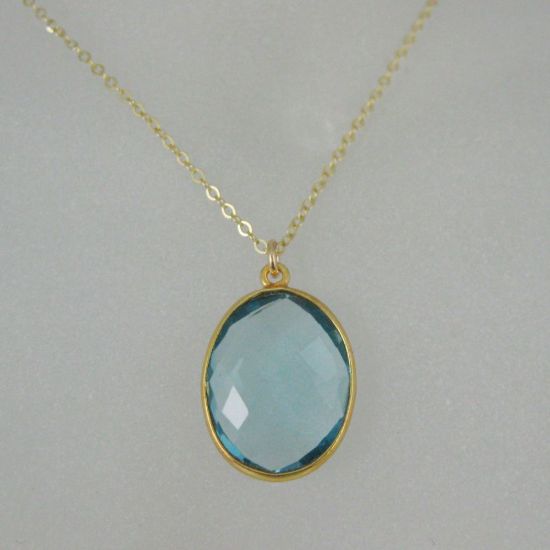 Wholesale Bezel Gemstone Oval Pendant Necklace - Gold Plated Chain - Blue Topaz (16-24")