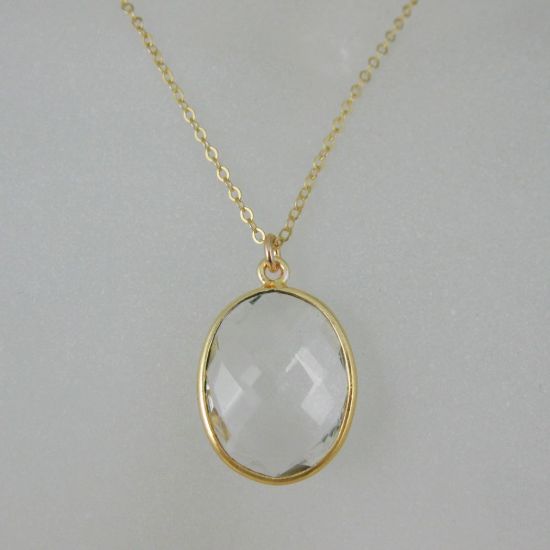 Wholesale Bezel Gemstone Oval Pendant Necklace - Gold Plated Chain - Crystal Quartz (16-24")