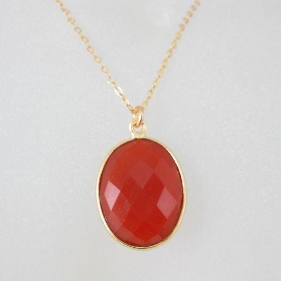 Wholesale Bezel Gemstone Oval Pendant Necklace - Gold Plated Chain - Carnelian (16-24")
