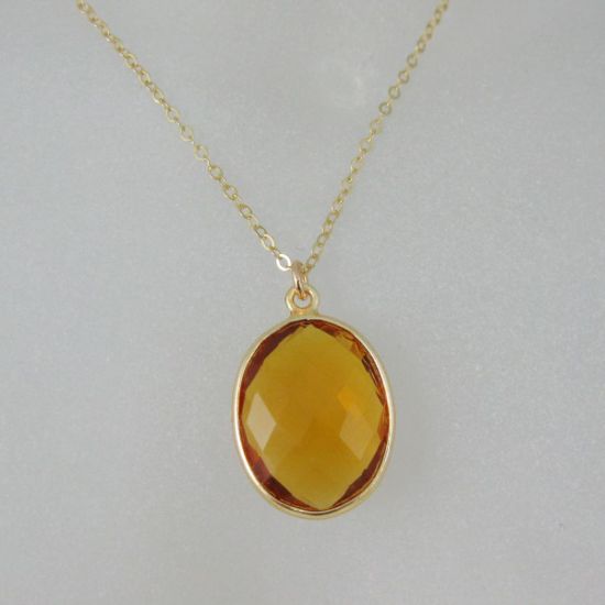 Wholesale Bezel Gemstone Oval Pendant Necklace - Gold Plated Chain - Citrine Quartz (16-24")