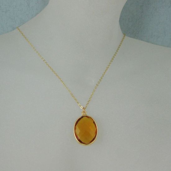 Wholesale Bezel Gemstone Oval Pendant Necklace - Gold Plated Chain - Citrine Quartz (16-24")