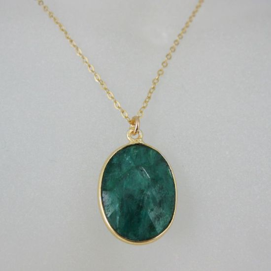 Wholesale Bezel Gemstone Oval Pendant Necklace - Gold Plated Chain - Emerald Dyed (16-24")