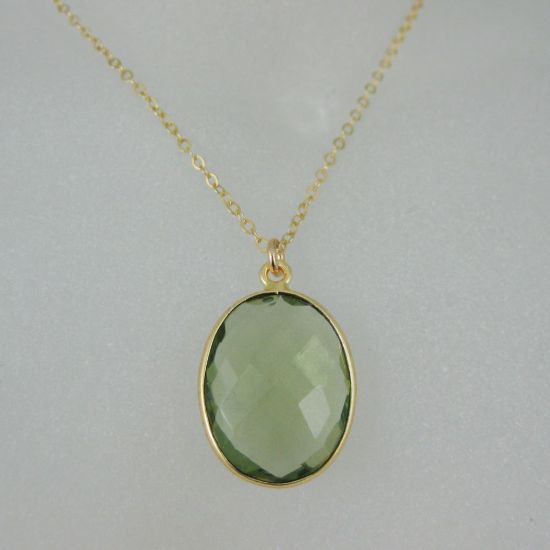 Wholesale Bezel Gemstone Oval Pendant Necklace - Gold Plated Chain - Green Amethyst Quartz (16-24")