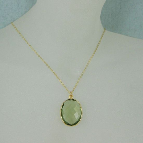 Wholesale Bezel Gemstone Oval Pendant Necklace - Gold Plated Chain - Green Amethyst Quartz (16-24")