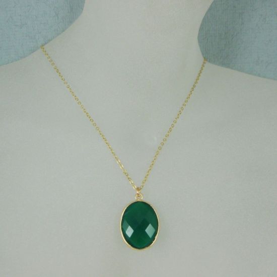 Wholesale Bezel Gemstone Oval Pendant Necklace - Gold Plated Chain - Green Onyx (16-24")