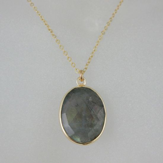 Wholesale Bezel Gemstone Oval Pendant Necklace - Gold Plated Chain - Labradorite (16-24")