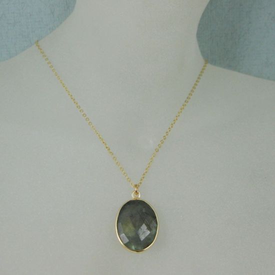 Wholesale Bezel Gemstone Oval Pendant Necklace - Gold Plated Chain - Labradorite (16-24")