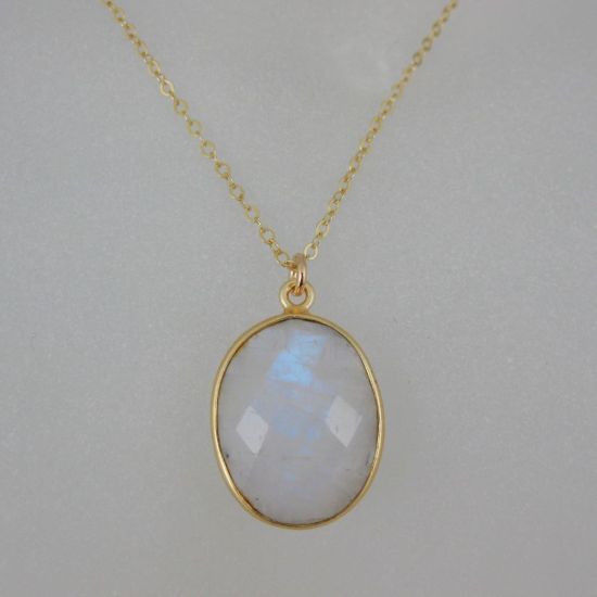 Wholesale Bezel Gemstone Oval Pendant Necklace - Gold Plated Chain - Moonstone (16-24")