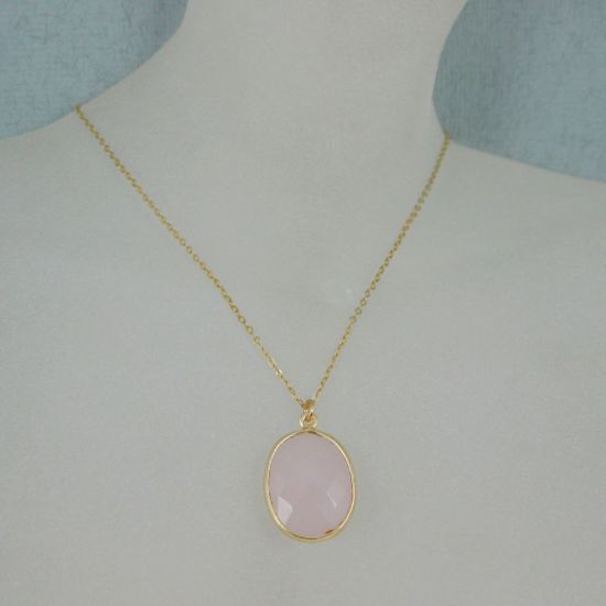 Wholesale Bezel Gemstone Oval Pendant Necklace - Gold Plated Chain - Pink Chalcedony (16-24")