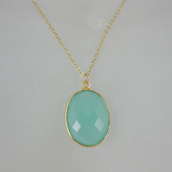 Wholesale Bezel Gemstone Oval Pendant Necklace - Gold Plated Chain - Peru Chalcedony (16-24")
