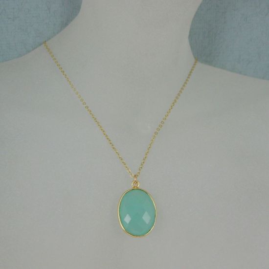 Wholesale Bezel Gemstone Oval Pendant Necklace - Gold Plated Chain - Peru Chalcedony (16-24")