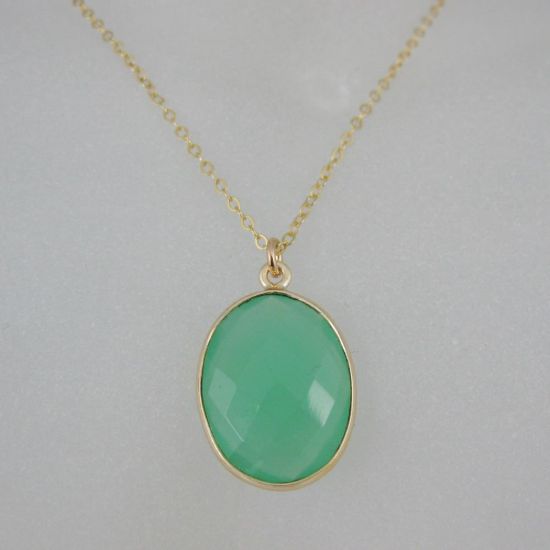 Wholesale Bezel Gemstone Oval Pendant Necklace - Gold Plated Chain - Prenite Chalcedony (16-24")