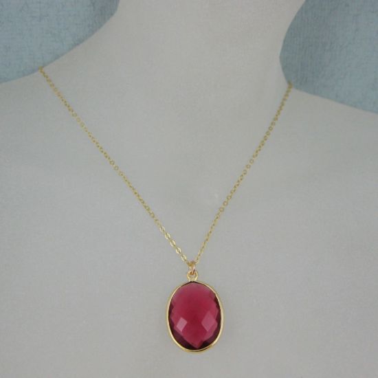 Wholesale Bezel Gemstone Oval Pendant Necklace - Gold Plated Chain - Rubylite Quartz (16-24")