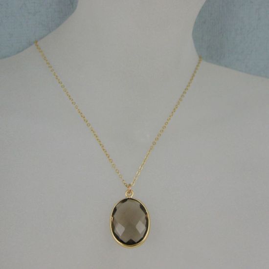 Wholesale Bezel Gemstone Oval Pendant Necklace - Gold Plated Chain - Smoky Quartz (16-24")