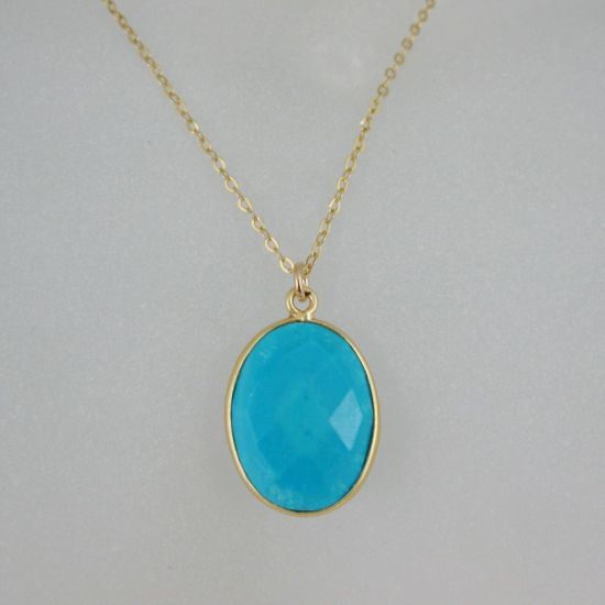 Wholesale Bezel Gemstone Oval Pendant Necklace - Gold Plated Chain - Turquoise (16-24")