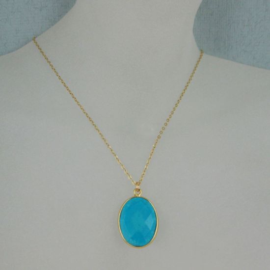 Wholesale Bezel Gemstone Oval Pendant Necklace - Gold Plated Chain - Turquoise (16-24")