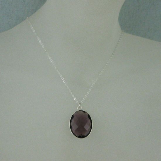 Wholesale Bezel Gemstone Oval Pendant Necklace - Silver Sterling Chain - Amethyst (16-24")