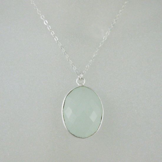Wholesale Bezel Gemstone Oval Pendant Necklace - Silver Sterling Chain - Aqua Chalcedony (16-24")