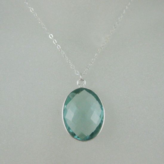 Wholesale Bezel Gemstone Oval Pendant Necklace - Silver Sterling Chain - Aqua Quartz (16-24")