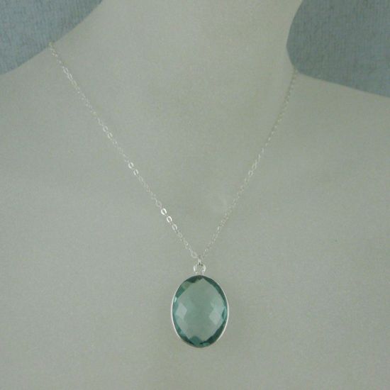 Wholesale Bezel Gemstone Oval Pendant Necklace - Silver Sterling Chain - Aqua Quartz (16-24")
