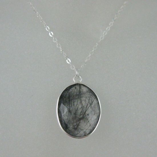 Wholesale Bezel Gemstone Oval Pendant Necklace - Silver Sterling Chain - Black Rutilated Quartz (16-24")