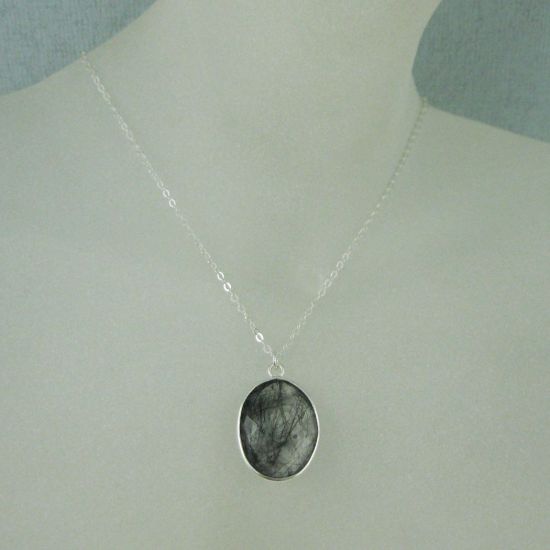 Wholesale Bezel Gemstone Oval Pendant Necklace - Silver Sterling Chain - Black Rutilated Quartz (16-24")