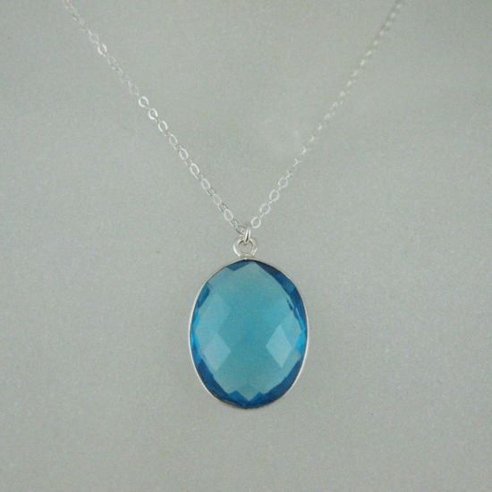 Wholesale Bezel Gemstone Oval Pendant Necklace - Silver Sterling Chain - Blue Topaz(16-24")