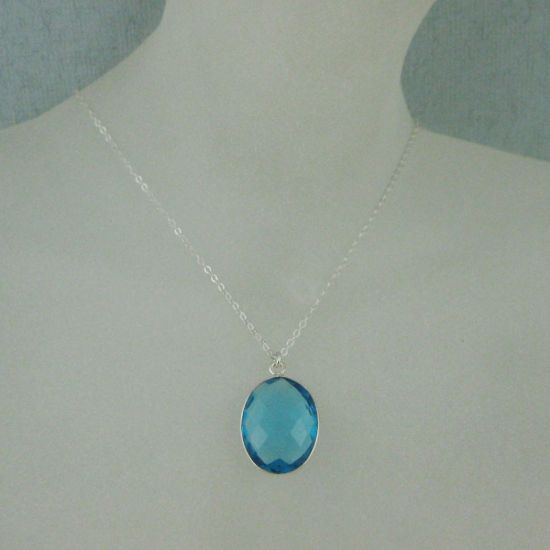 Wholesale Bezel Gemstone Oval Pendant Necklace - Silver Sterling Chain - Blue Topaz(16-24")