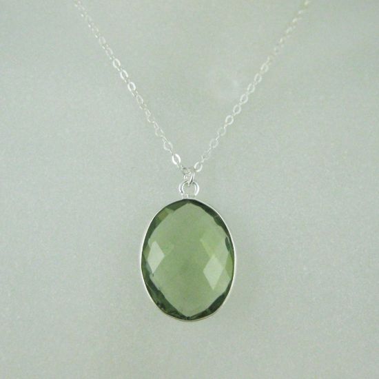 Wholesale Bezel Gemstone Oval Pendant Necklace - Silver Sterling Chain - Green Amethyst Quartz (16-24")