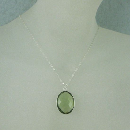 Wholesale Bezel Gemstone Oval Pendant Necklace - Silver Sterling Chain - Green Amethyst Quartz (16-24")