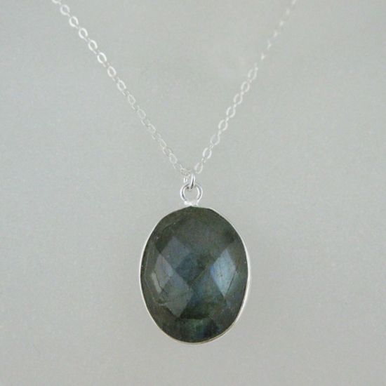 Wholesale Bezel Gemstone Oval Pendant Necklace - Silver Sterling Chain - Labradorite (16-24")