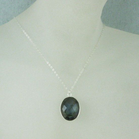 Wholesale Bezel Gemstone Oval Pendant Necklace - Silver Sterling Chain - Labradorite (16-24")