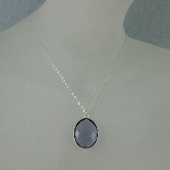 Wholesale Bezel Gemstone Oval Pendant Necklace - Silver Sterling Chain - Iolite Quartz (16-24")