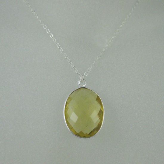 Wholesale Bezel Gemstone Oval Pendant Necklace - Silver Sterling Chain - Lemon Quartz (16-24")