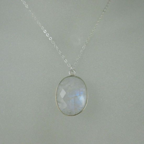 Wholesale Bezel Gemstone Oval Pendant Necklace - Silver Sterling Chain - Moonstone (16-24")