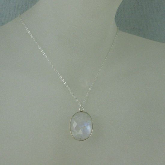 Wholesale Bezel Gemstone Oval Pendant Necklace - Silver Sterling Chain - Moonstone (16-24")