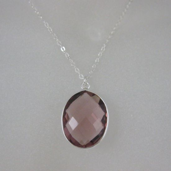 Wholesale Bezel Gemstone Oval Pendant Necklace - Silver Sterling Chain - Pink Amethyst Quartz (16-24")