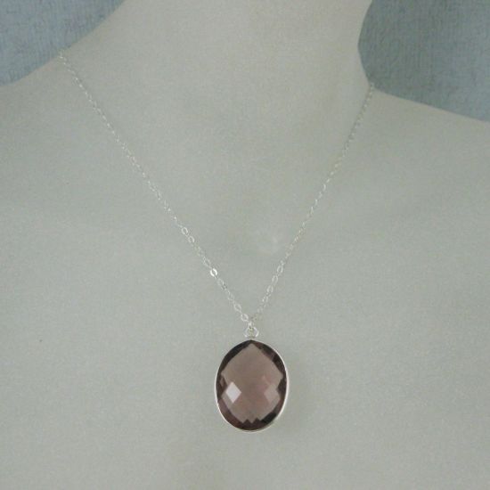 Wholesale Bezel Gemstone Oval Pendant Necklace - Silver Sterling Chain - Pink Amethyst Quartz (16-24")