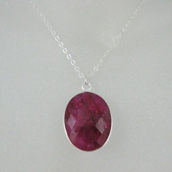Wholesale Bezel Gemstone Oval Pendant Necklace - Silver Sterling Chain - Ruby Dyed (16-24")